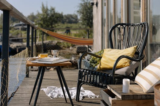 Relaxing outdoor porch scene with chair, table, and hammock for a perfect summer day.