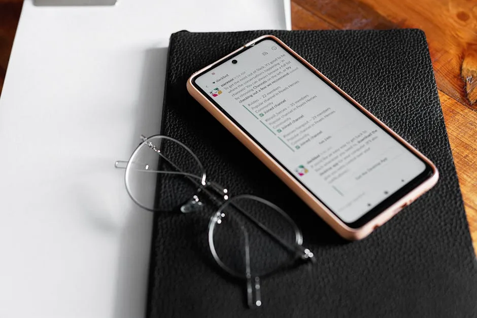 Smartphone displaying chat app on desk with notebook and eyeglasses. Ideal for technology and communication themes.