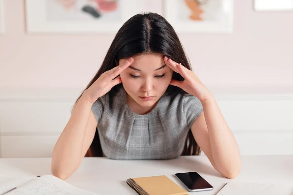 Asian businesswoman with a headache at her desk, displaying stress and anxiety during perimenopause.