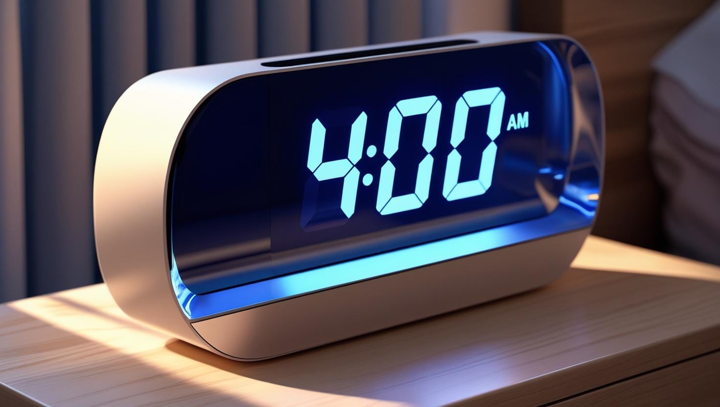 Minimal digital clock glowing 4:00 AM on a nightstand