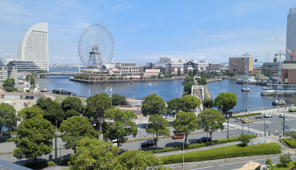 View of the Cosmo Clock 21 Ferris wheel from Story Story Yokohama at Colette Mare in Sakuragicho, Yokohama