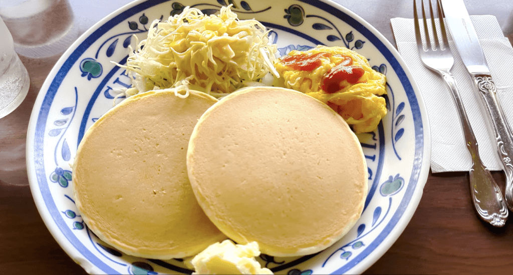 pancake breakfast set in coffee shop umi, fujisawa